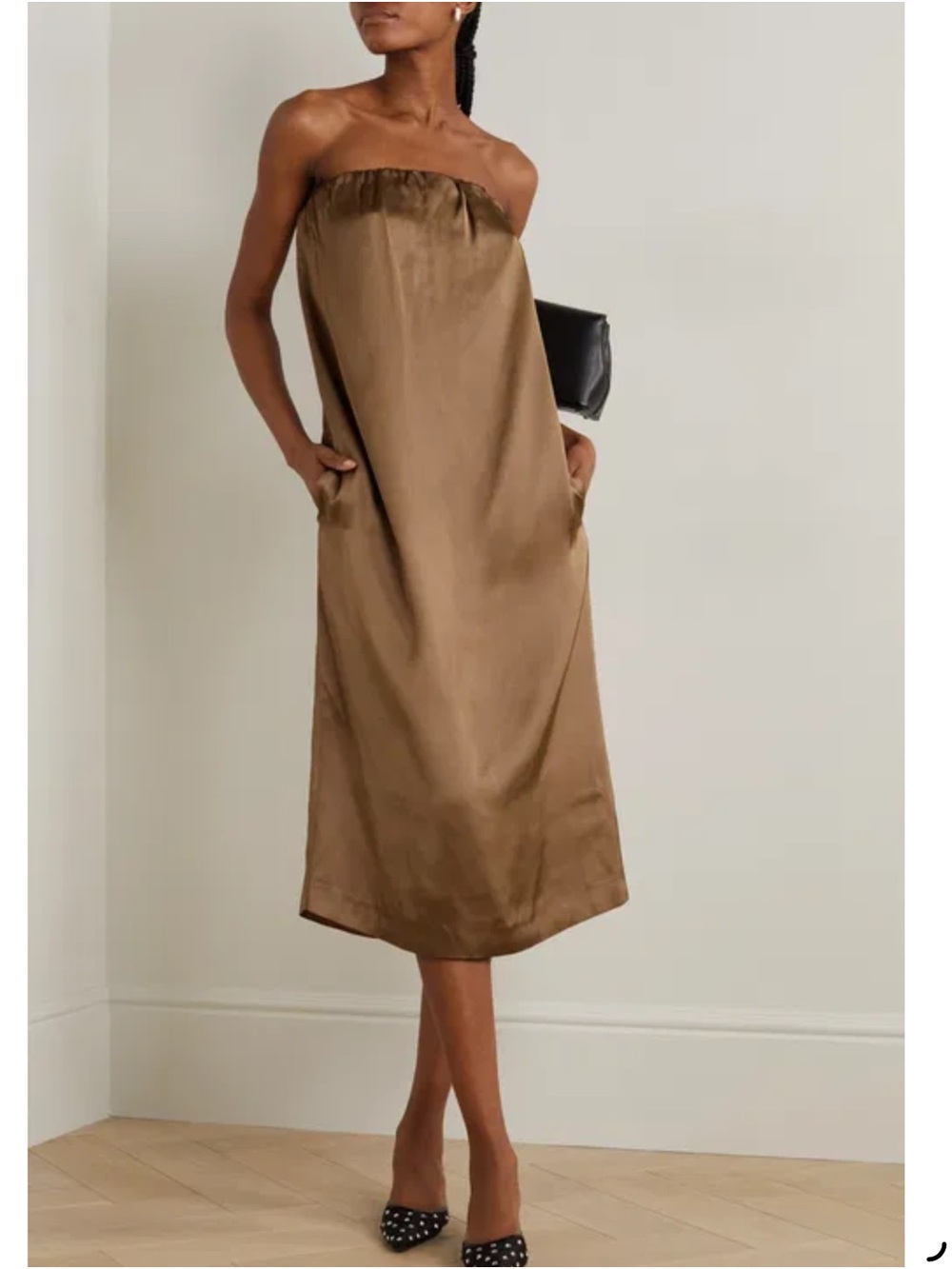 Loulou Studio Siple Gathered Brown Satin Midi Slip Dress SZ XS